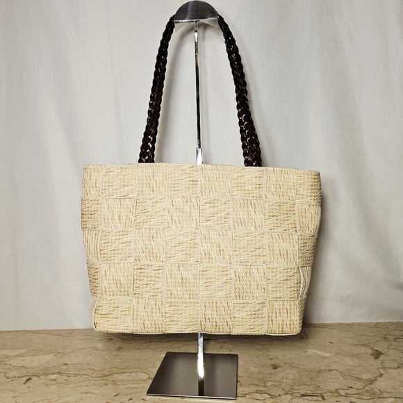 NWT Vintage Warren Reed Cream Fabric/Gold Straw Basketweave Design Shoulder Bag - Picture 10 of 10